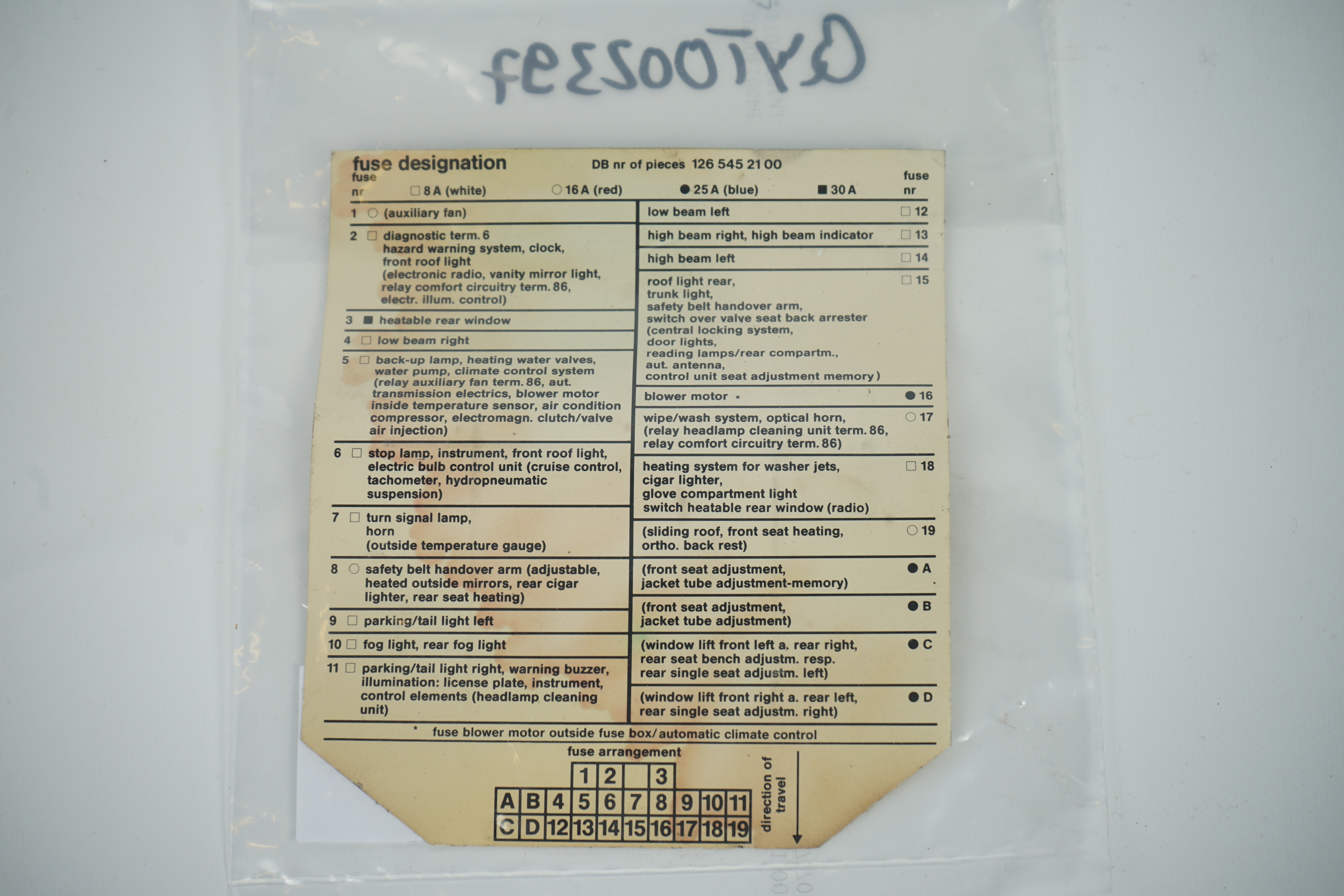 Einlage Belegung Sicherungsdose Mercedes-Benz C126 SEC W126 SE SEL S-Klasse 2.Serie Mopf Sicherungsbelegungsplan Bezeichnungsschild Hauptsicherungskasten Hauptelektrik A1265452100 A1265451700