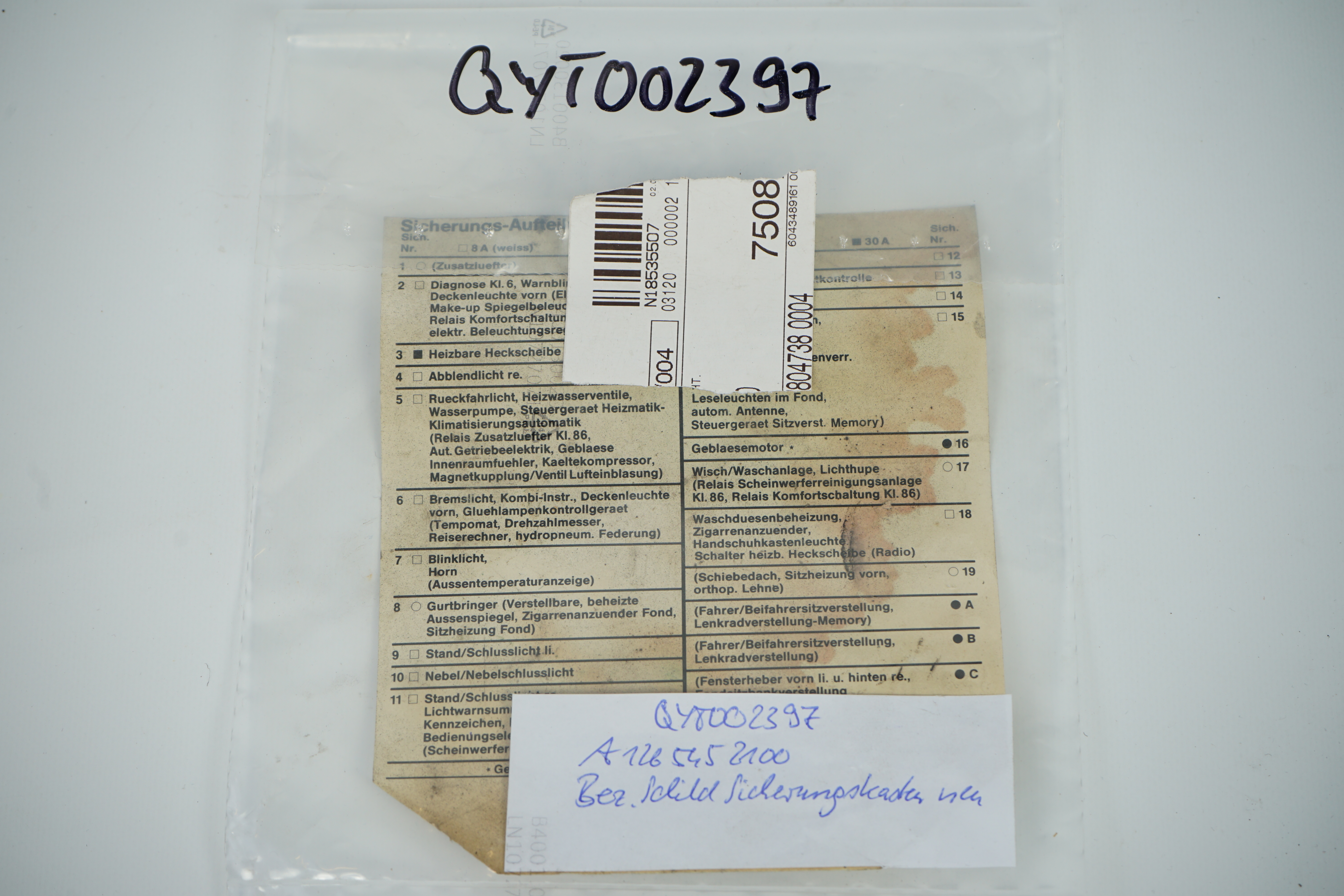 Einlage Belegung Sicherungsdose Mercedes-Benz C126 SEC W126 SE SEL S-Klasse 2.Serie Mopf Sicherungsbelegungsplan Bezeichnungsschild Hauptsicherungskasten Hauptelektrik A1265452100 A1265451700